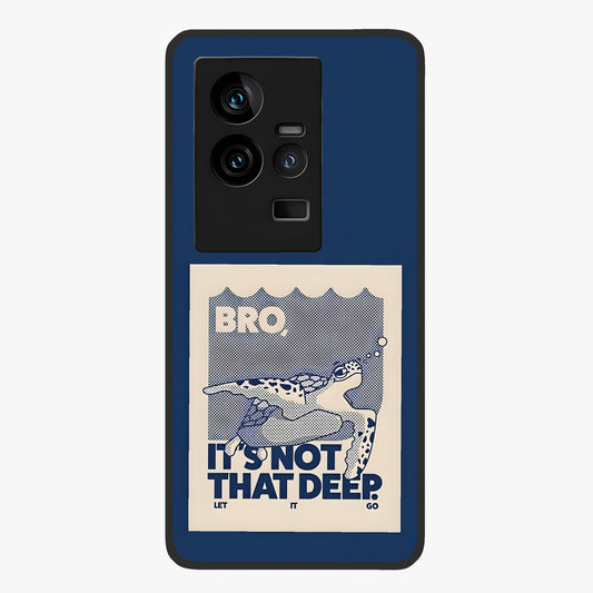 Worry Less Swim Glass Case showing flat back view with playful motivational artwork and glossy glass finish.