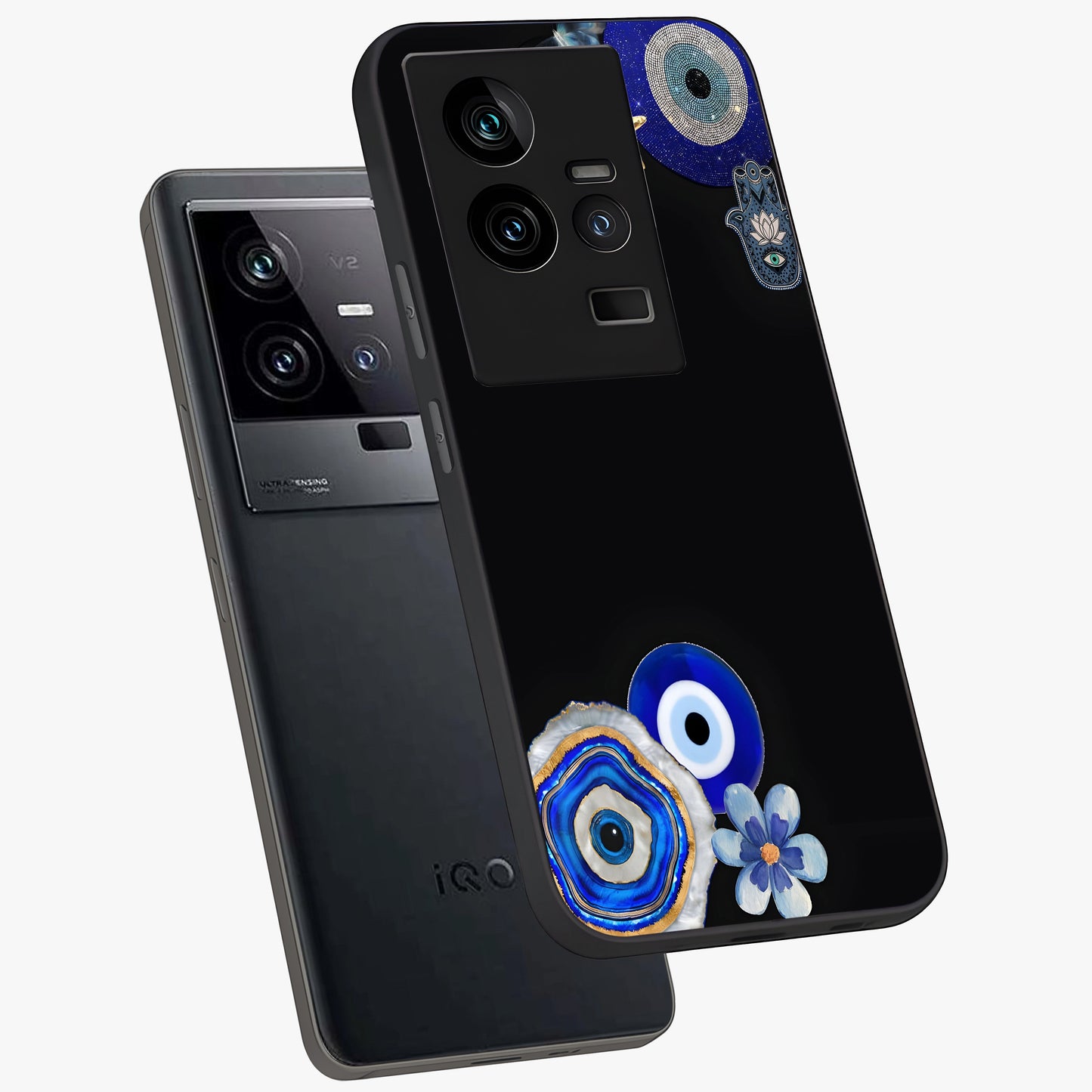 Aesthetic Blue Evil Eye Glass Case displayed in angled mockup highlighting blue evil eye symbol and spiritual aesthetic design.