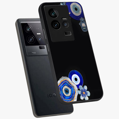 Aesthetic Blue Evil Eye Glass Case displayed in angled mockup highlighting blue evil eye symbol and spiritual aesthetic design.