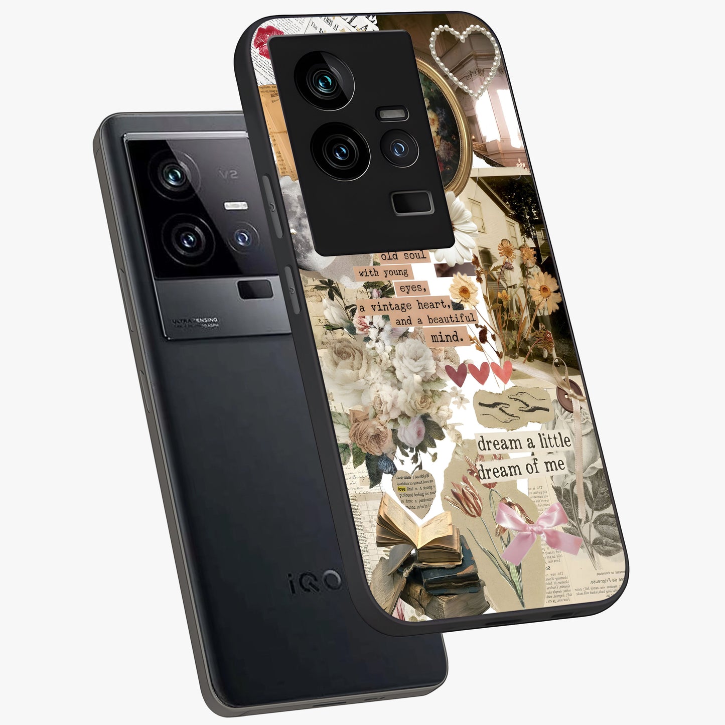 Aesthetic Brown Vintage Collage Glass Case displayed in angled mockup highlighting vintage aesthetic collage design.