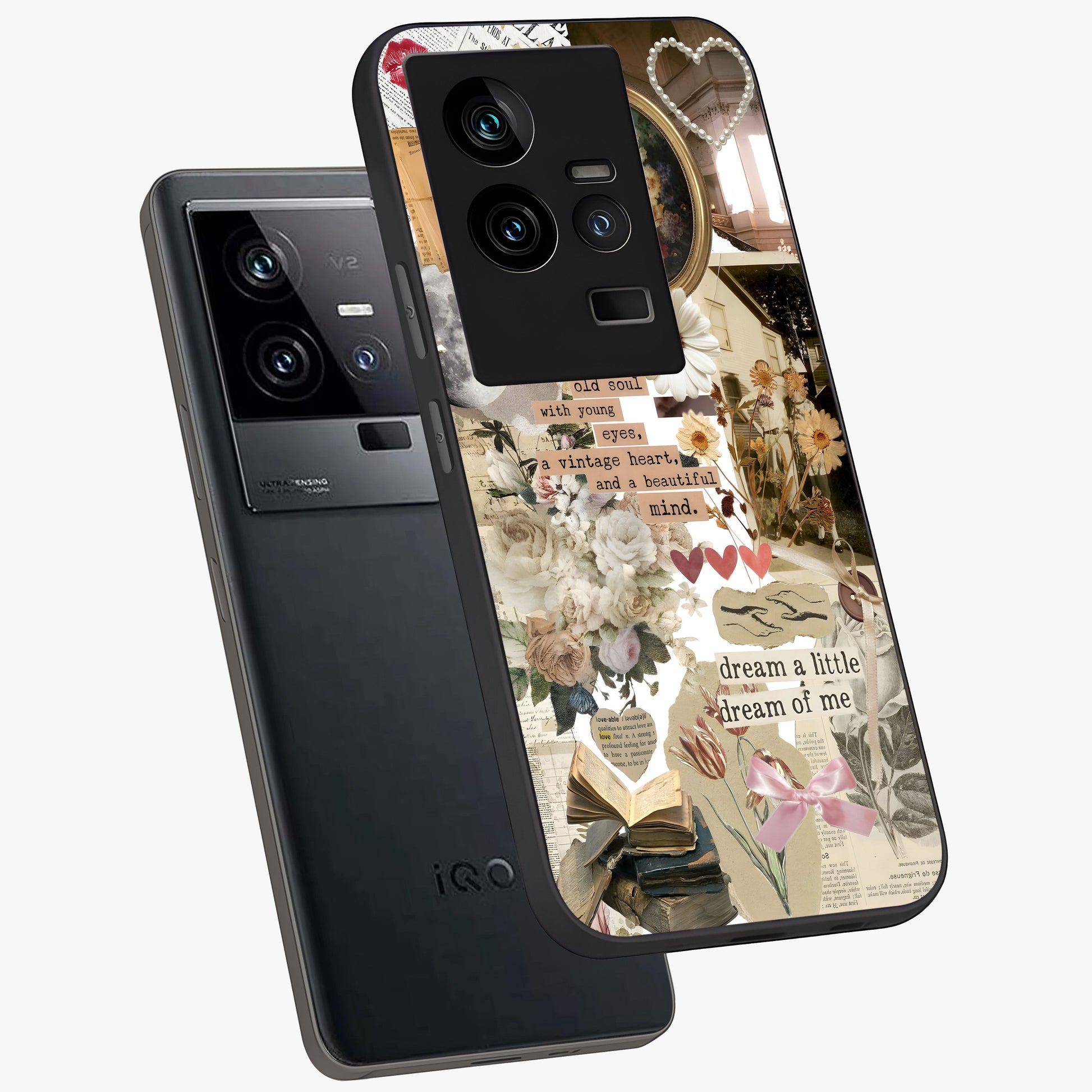 Aesthetic Brown Vintage Collage Glass Case displayed in angled mockup highlighting vintage aesthetic collage design.