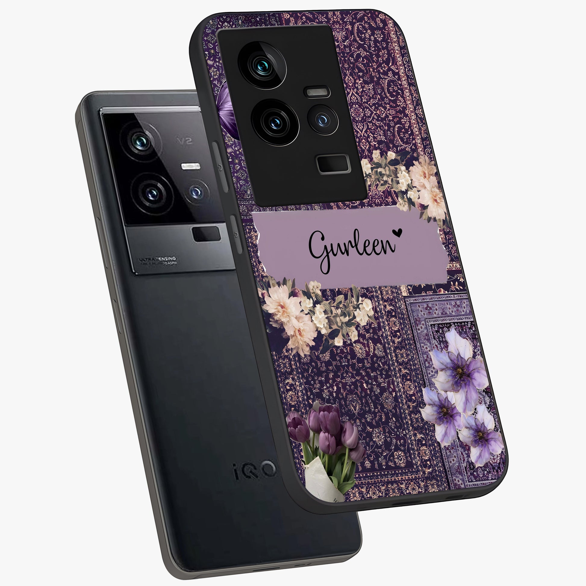 Antique Floral Whisper Custom Name Glass Case displayed in angled mockup highlighting elegant antique floral aesthetic.