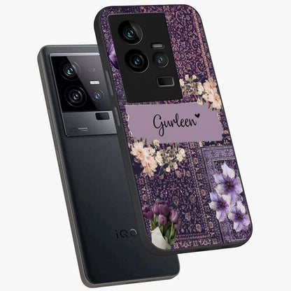 Antique Floral Whisper Custom Name Glass Case displayed in angled mockup highlighting elegant antique floral aesthetic.