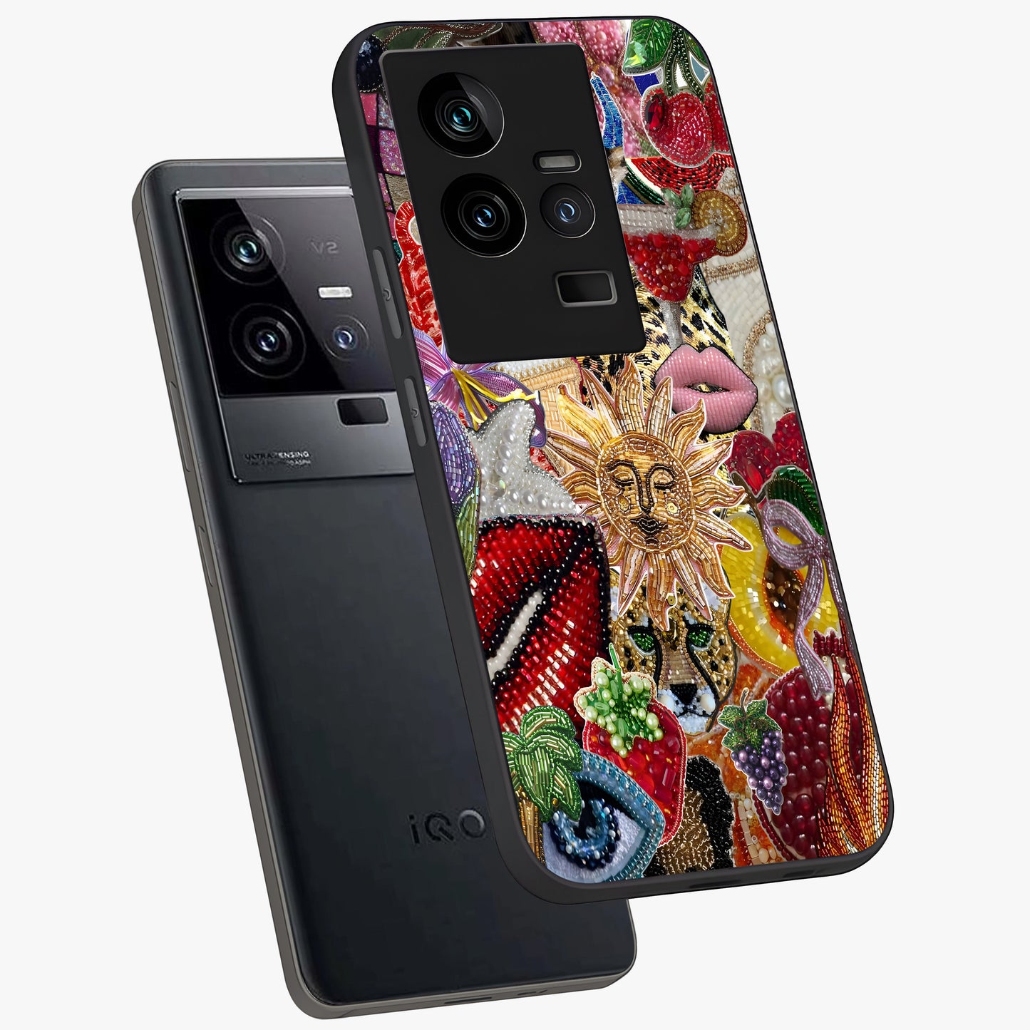 Beaded Fashion Jungle Glass Case displayed in angled mockup highlighting colorful fashion bead design and artistic pattern.