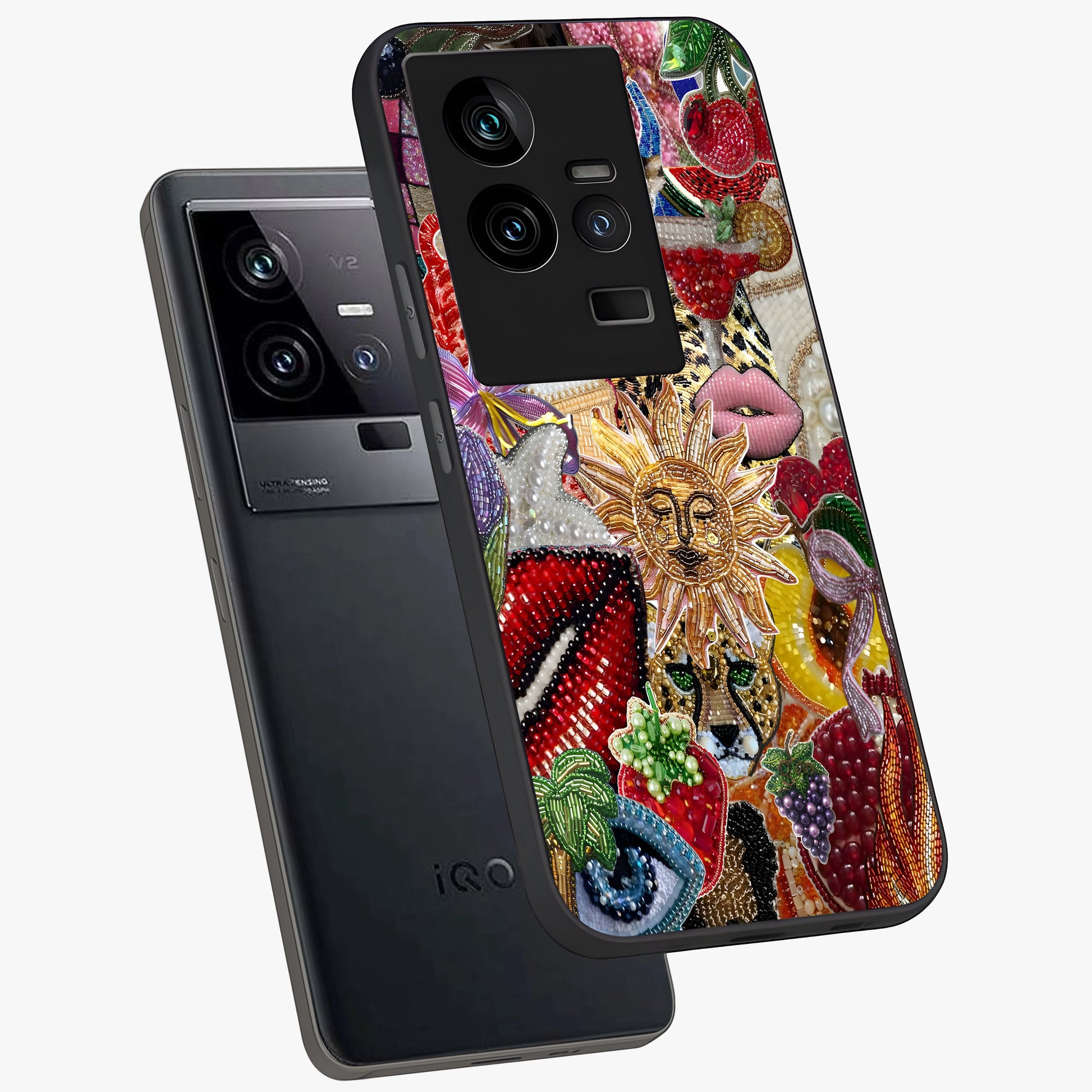 Beaded Fashion Jungle Glass Case displayed in angled mockup highlighting colorful fashion bead design and artistic pattern.
