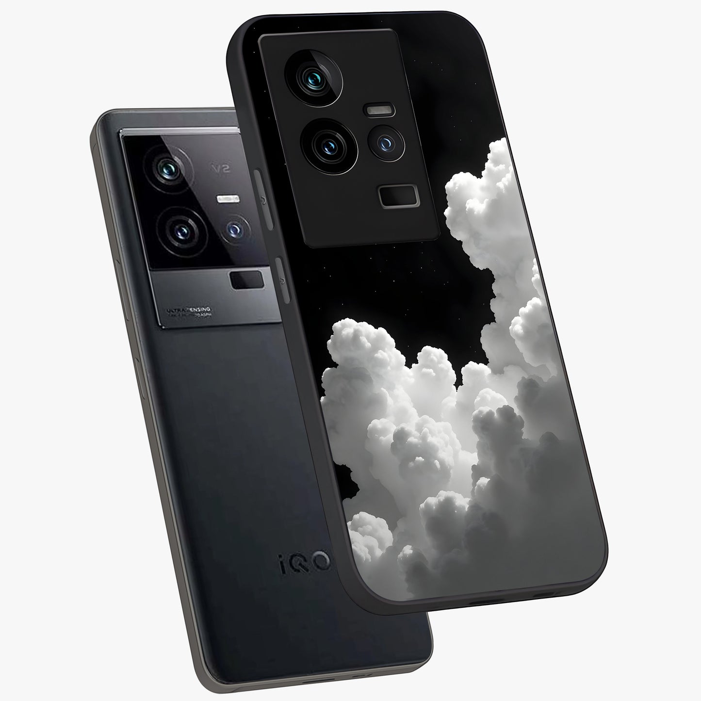 Black Background With White Cloud Glass Case displayed in angled mockup highlighting soft white cloud illustration and minimal design.