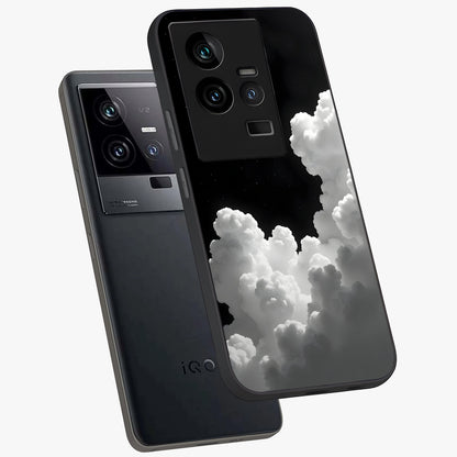 Black Background With White Cloud Glass Case displayed in angled mockup highlighting soft white cloud illustration and minimal design.
