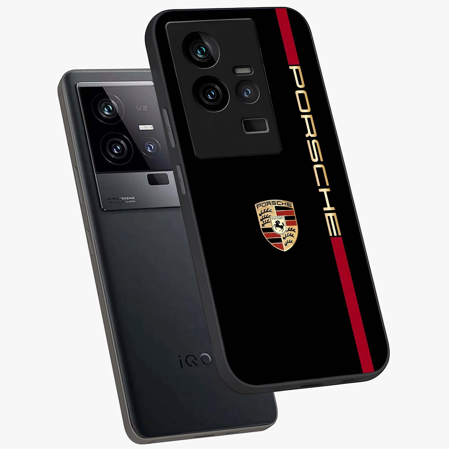 Black Minimal Porsche Glass Case displayed in angled mockup highlighting modern minimal car illustration and clean aesthetic design.