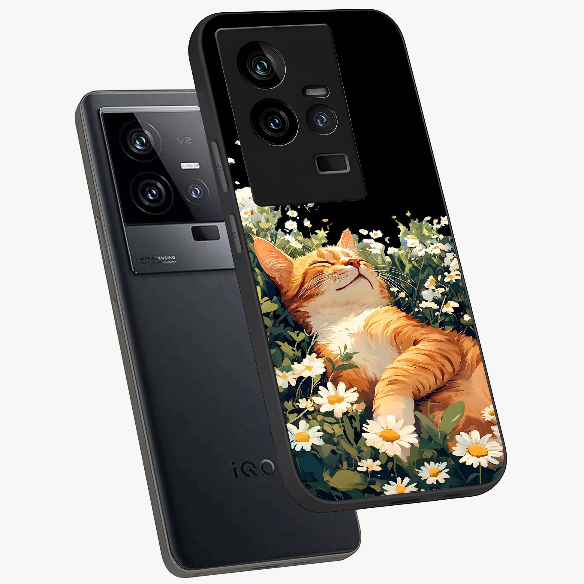 Blissful Bloom Cat Glass Case displayed in angled mockup highlighting playful feline illustration with soft floral aesthetic.