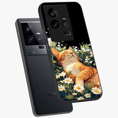 Blissful Bloom Cat Glass Case displayed in angled mockup highlighting playful feline illustration with soft floral aesthetic.