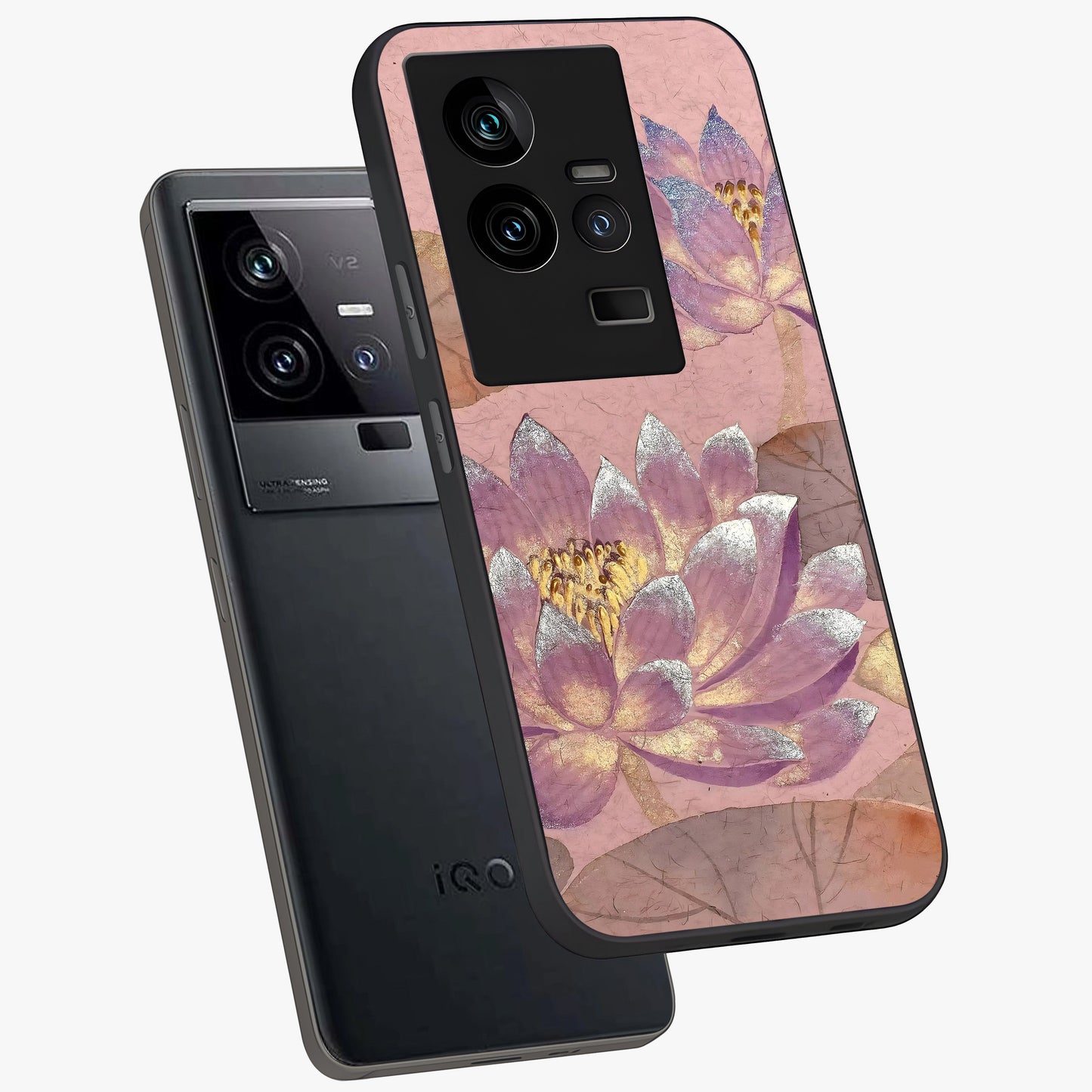 Blossom Mist Lotus Glass Case displayed in angled mockup highlighting delicate lotus illustration with calm aesthetic theme.