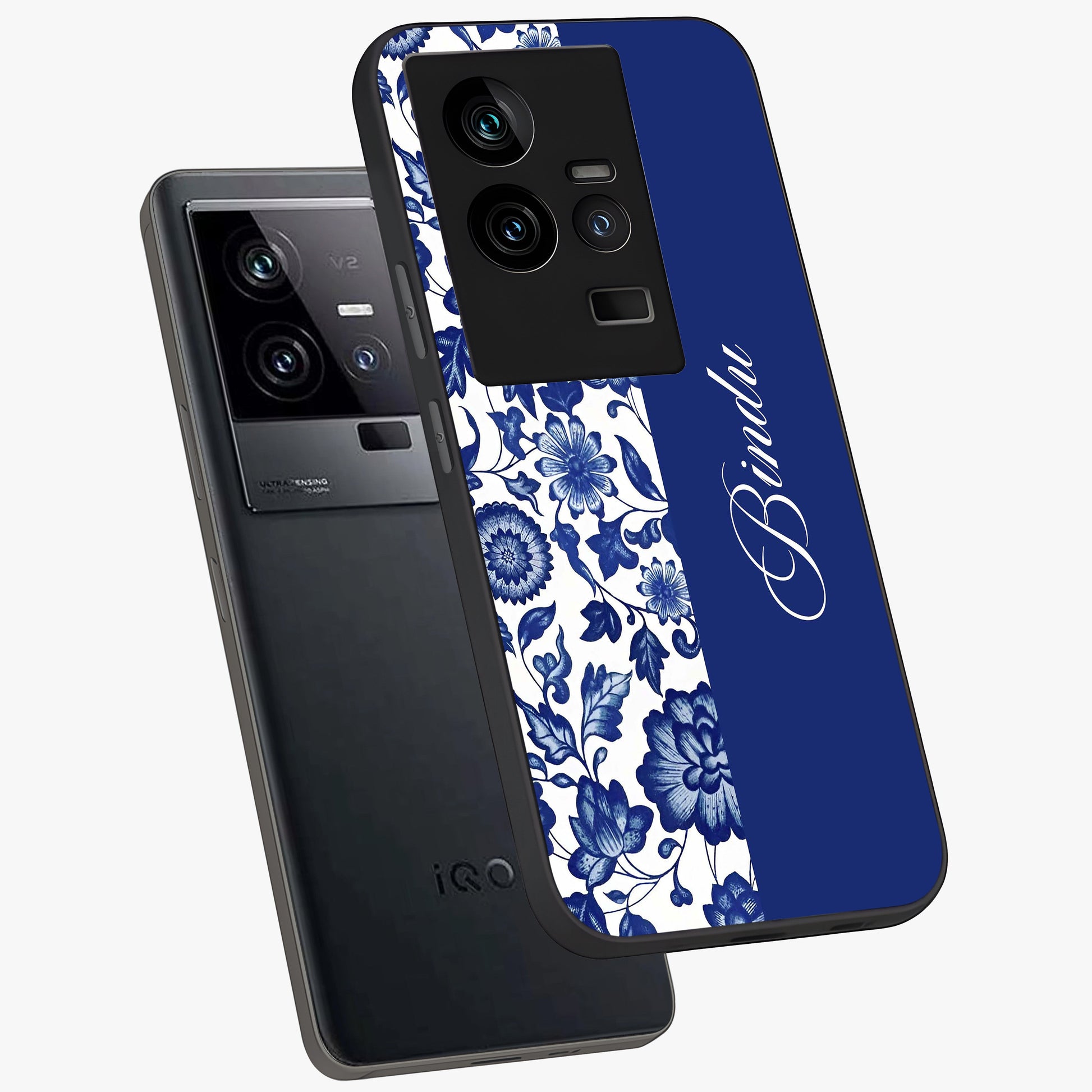 Blue Vintage Floral Pattern Glass Case displayed in angled mockup highlighting subtle bloom pattern with aesthetic pastel design.