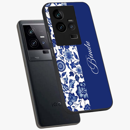 Blue Vintage Floral Pattern Glass Case displayed in angled mockup highlighting subtle bloom pattern with aesthetic pastel design.