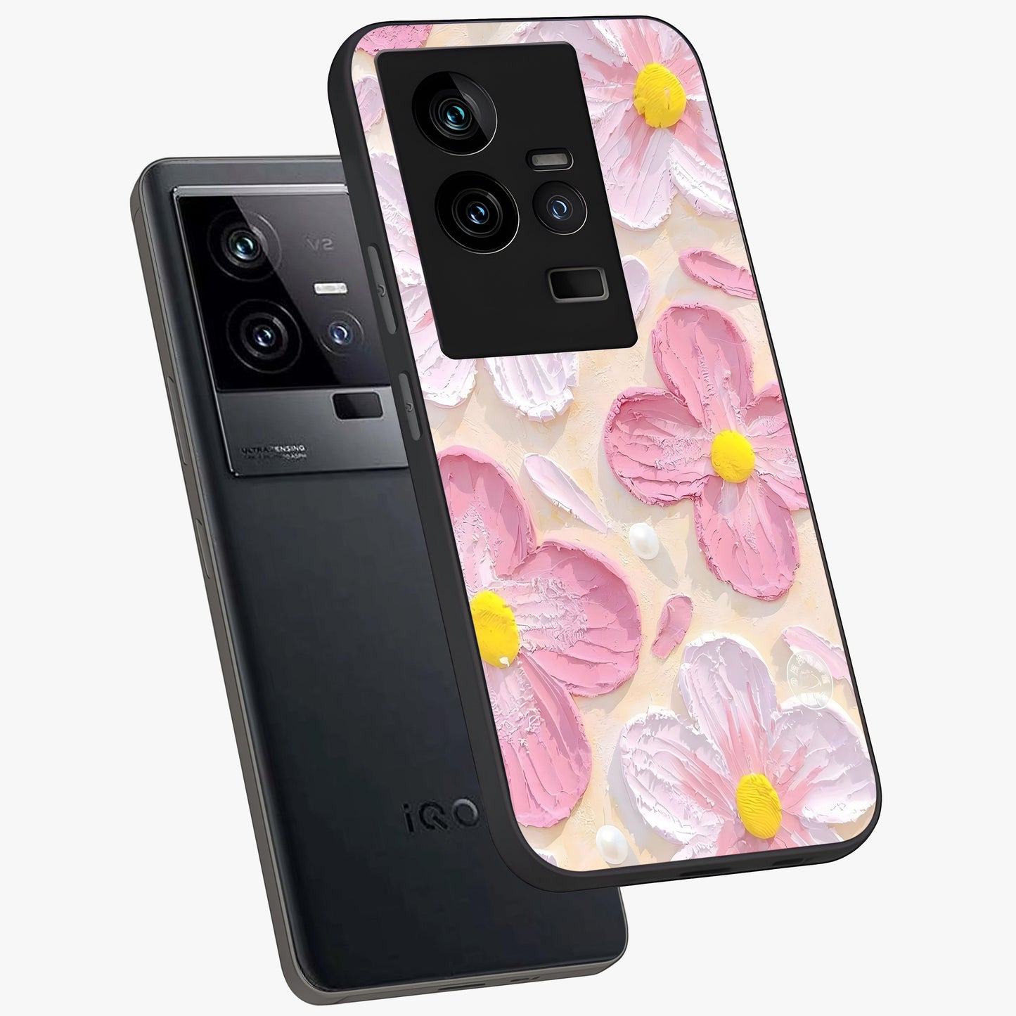 Blush Bloom Texture Glass Case displayed in angled mockup highlighting subtle bloom pattern with aesthetic pastel design.