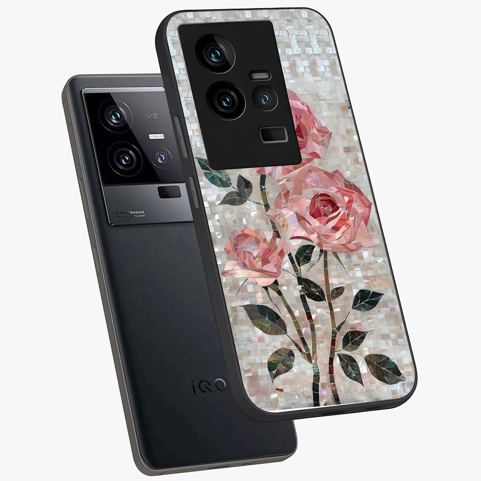 Blush Mosaic Bloom Glass Case displayed in angled mockup highlighting artistic mosaic flower pattern with aesthetic design.
