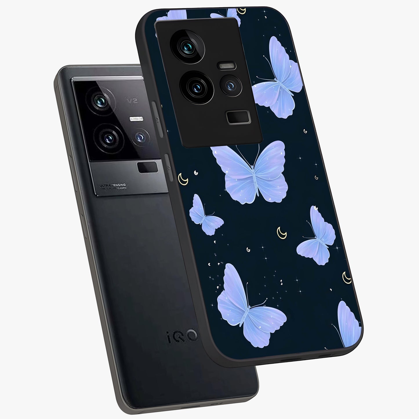 Butterfly With Stars Pattern Glass Case displayed in angled mockup highlighting dreamy butterfly and star design with aesthetic theme.
