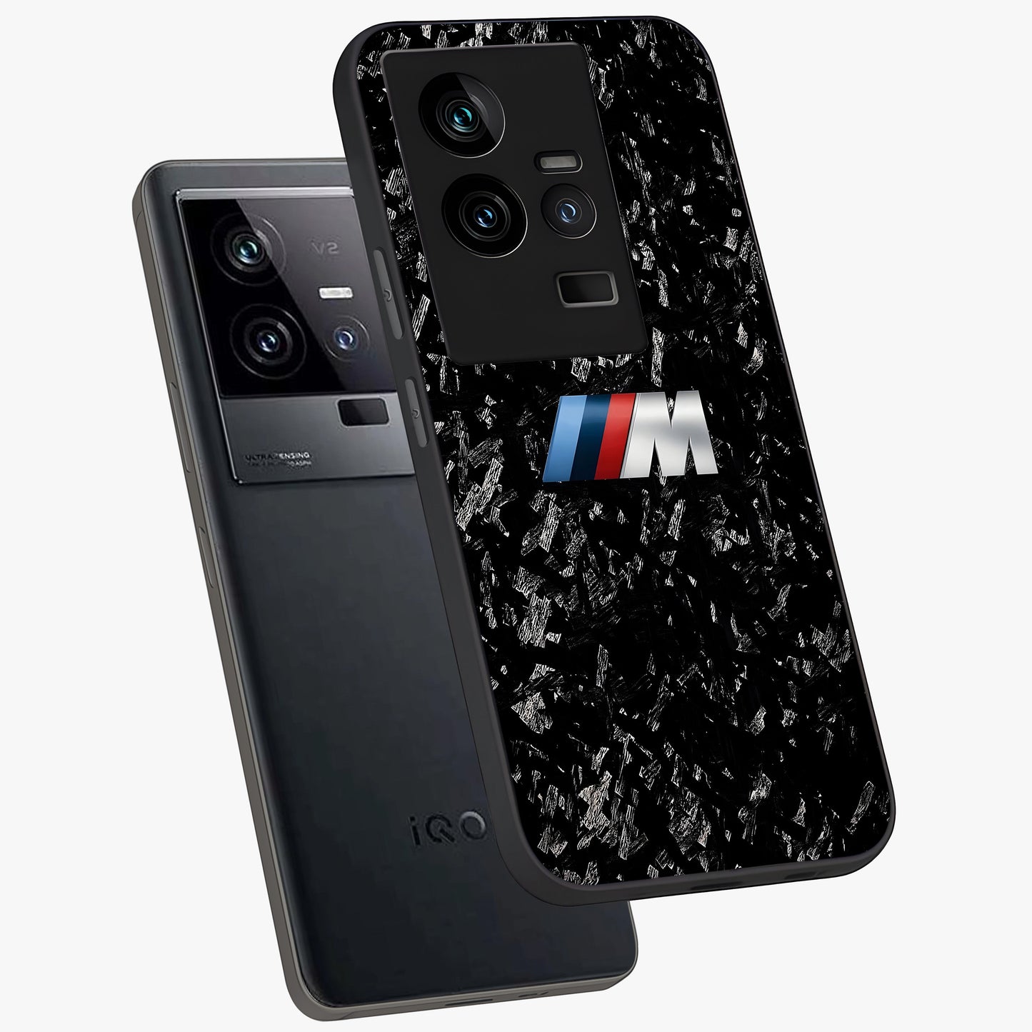Carbon Speed Mark Glass Case displayed in angled mockup highlighting racing inspired carbon design and sleek aesthetic style.