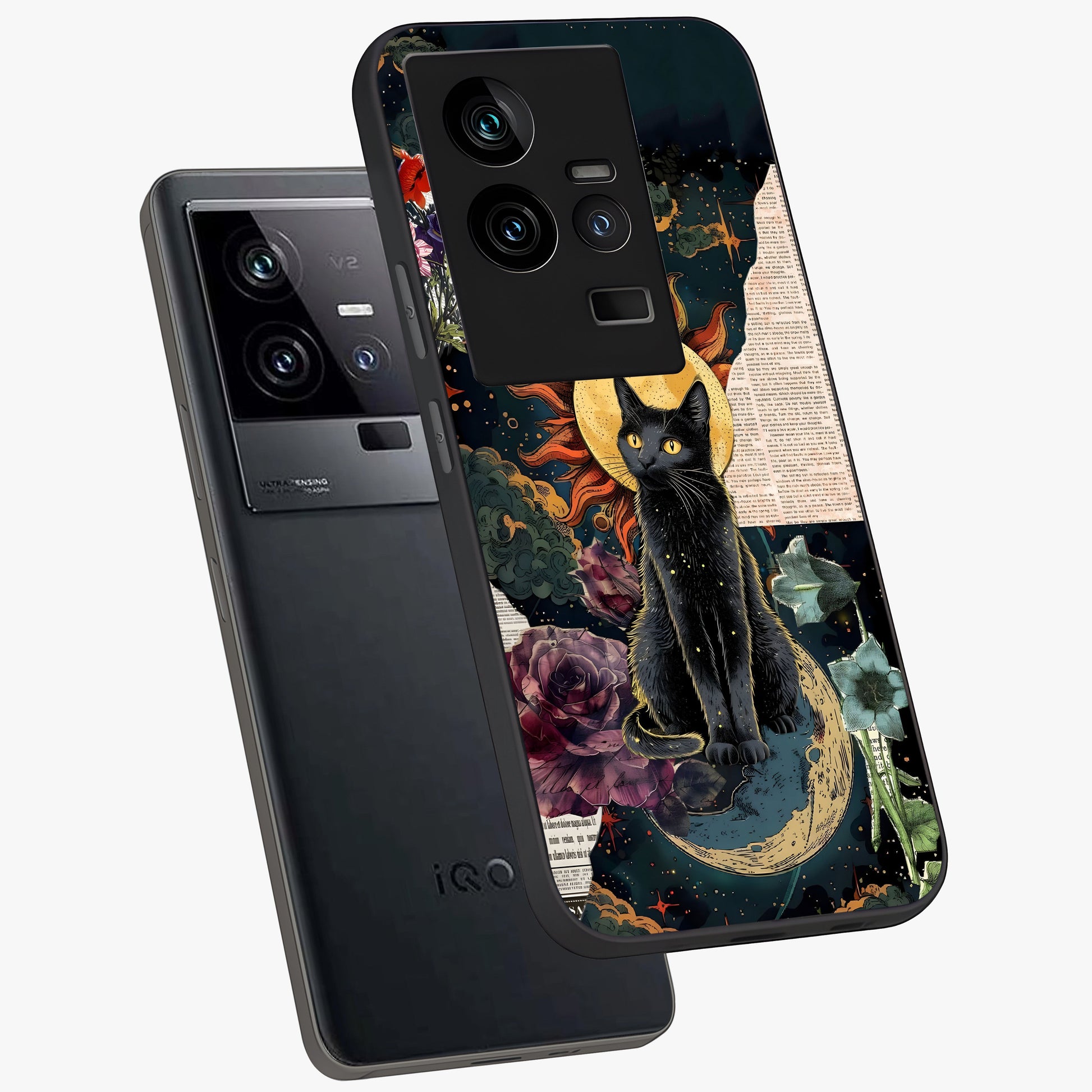 Celestial Black Cat Glass Case displayed in angled mockup highlighting cosmic black cat design with celestial aesthetic.