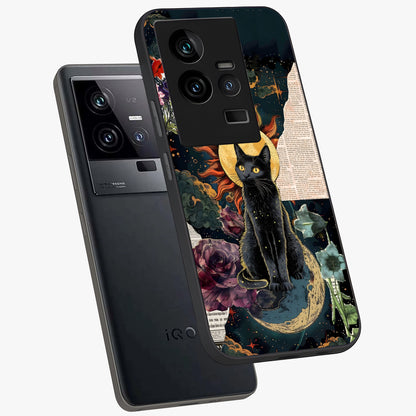 Celestial Black Cat Glass Case displayed in angled mockup highlighting cosmic black cat design with celestial aesthetic.