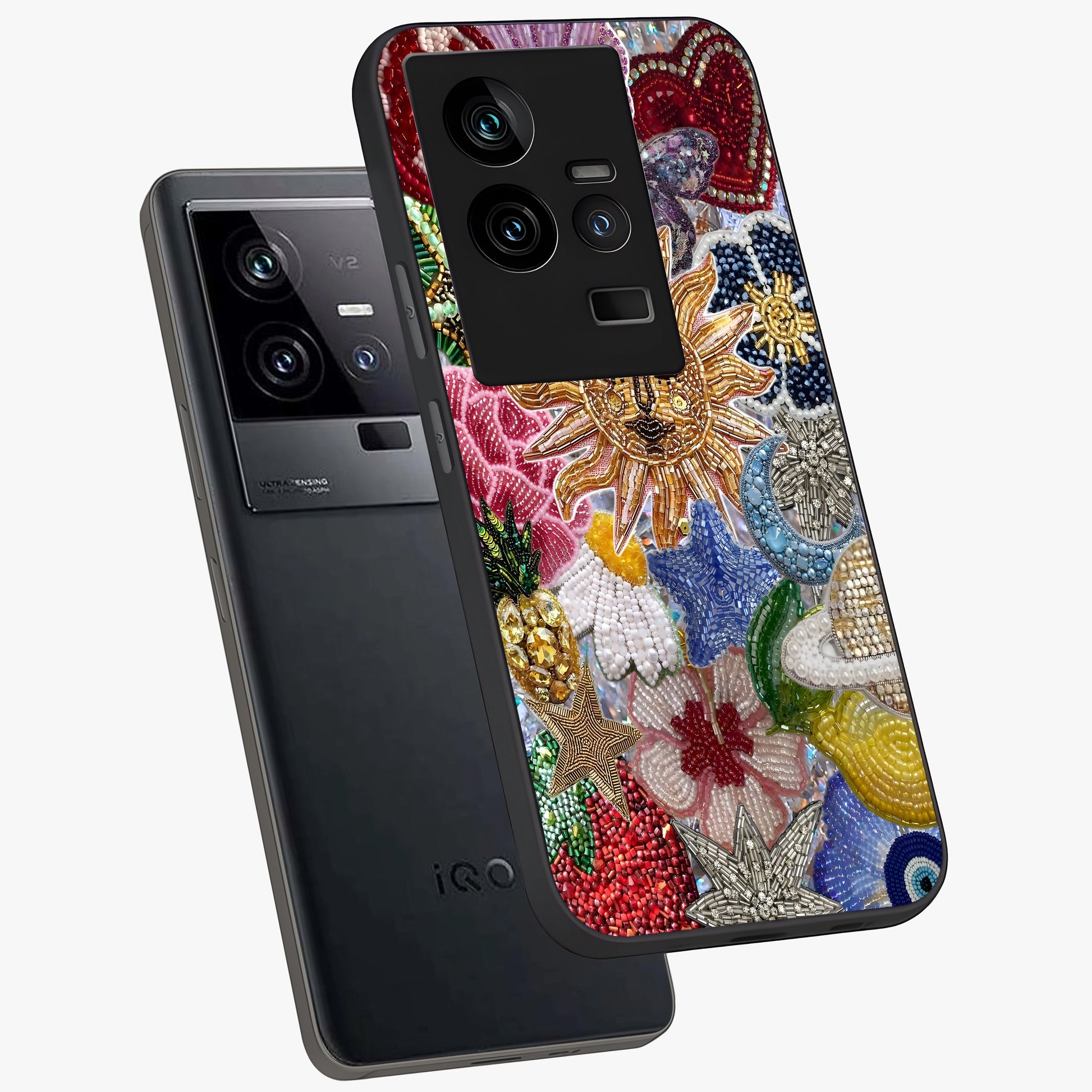 Celestial Floral and Playful Glass Case displayed in angled mockup highlighting playful floral design with dreamy celestial elements.