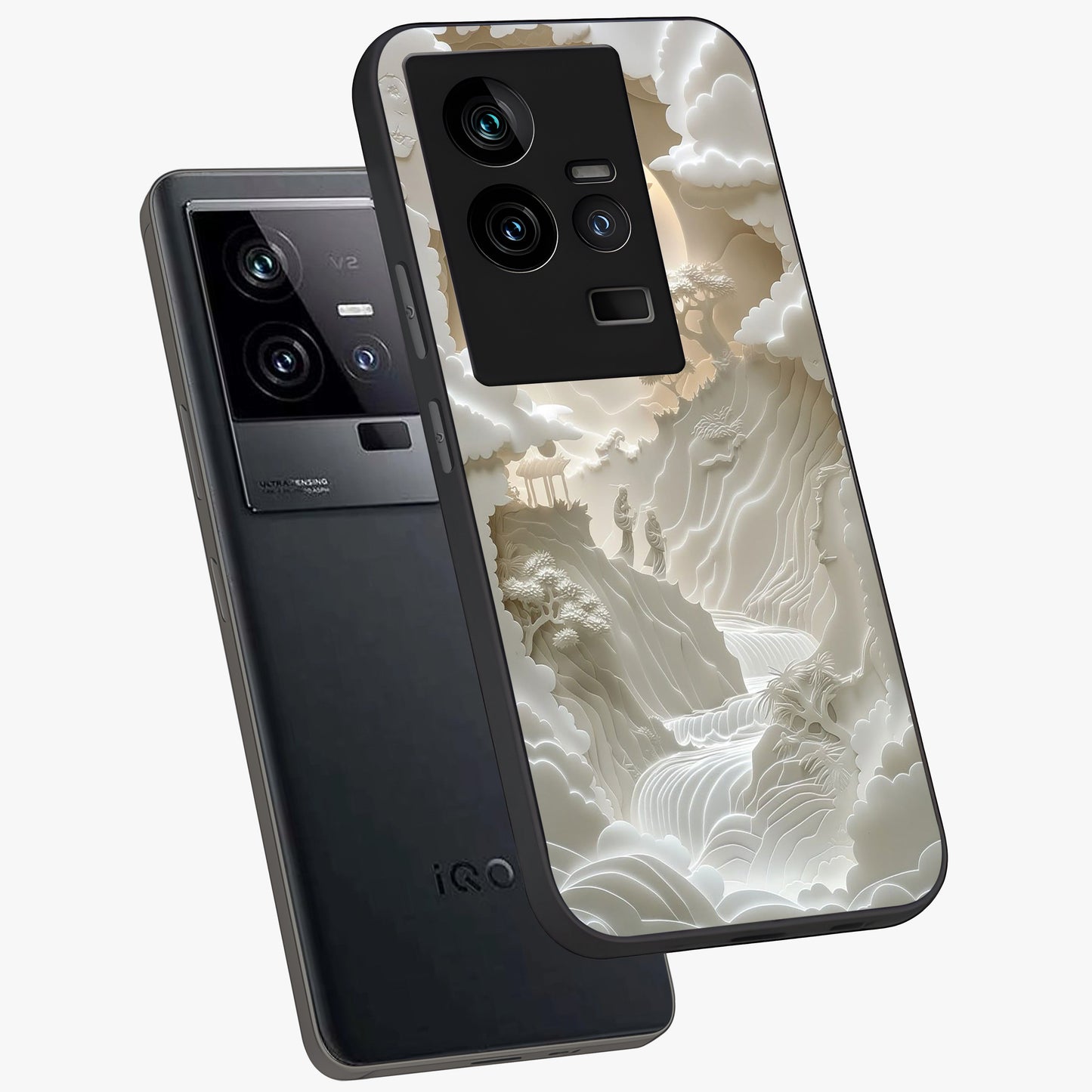 Celestial Origami Glass Case displayed in angled mockup highlighting geometric origami design with cosmic aesthetic theme.