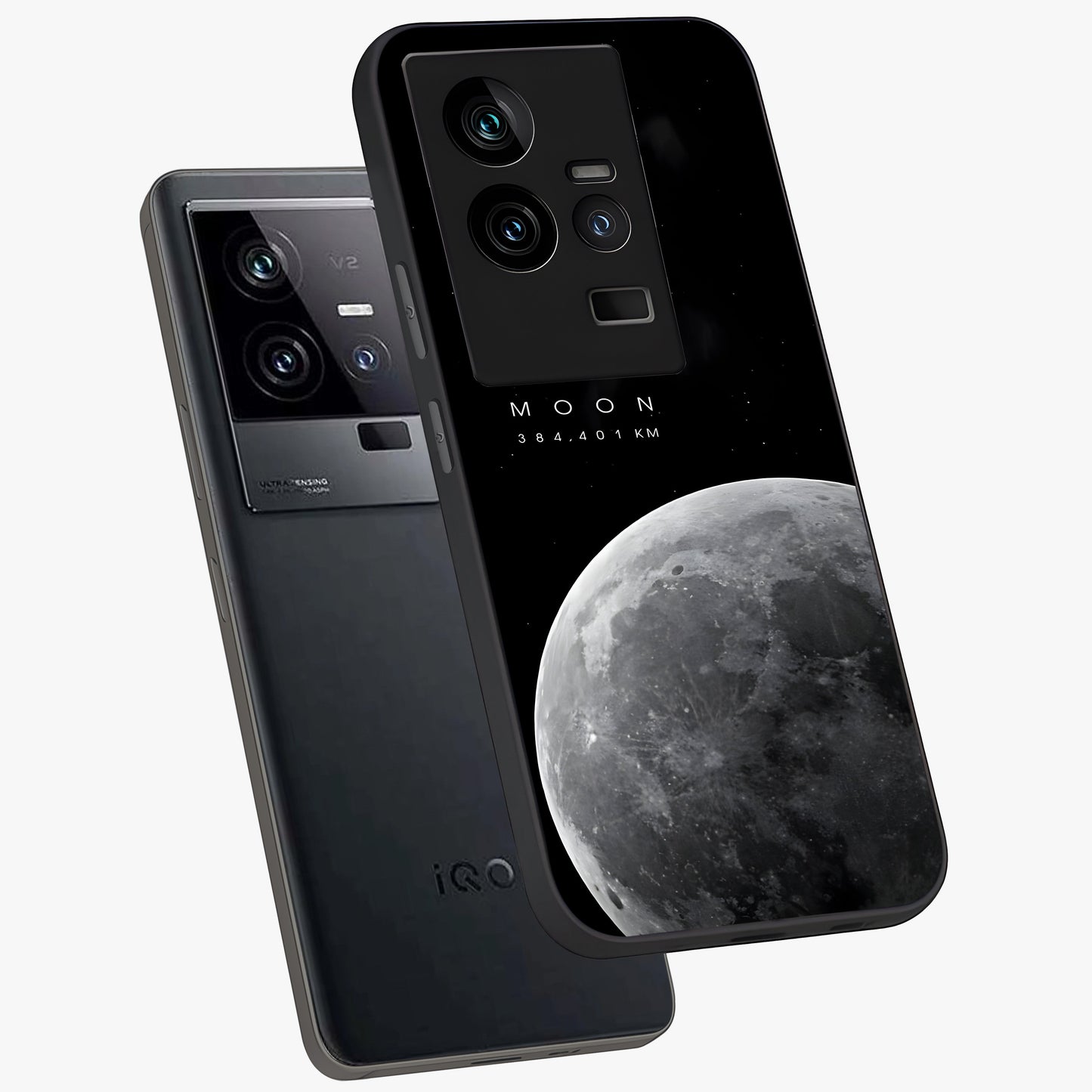 Cosmic Moon Glow Glass Case displayed in angled mockup highlighting celestial moon design with cosmic aesthetic theme.