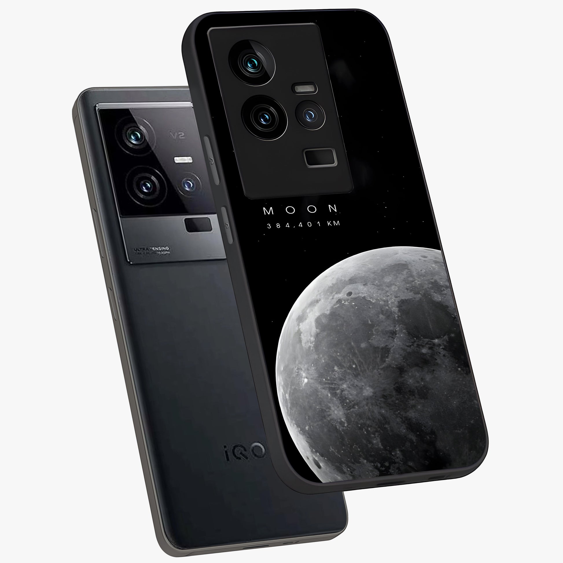 Cosmic Moon Glow Glass Case displayed in angled mockup highlighting celestial moon design with cosmic aesthetic theme.