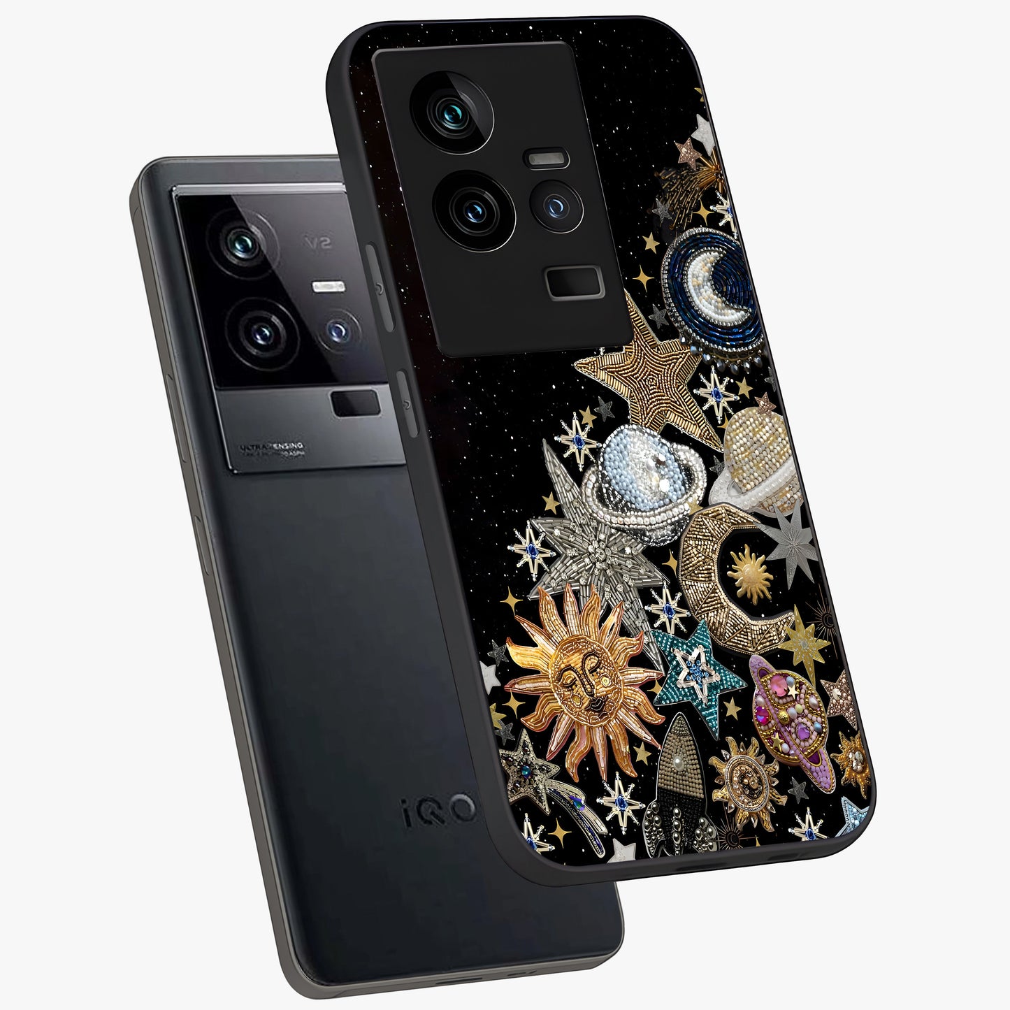 Cosmic Sparkle Dreams Glass Case displayed in angled mockup highlighting dreamy star sparkle design with celestial aesthetic.