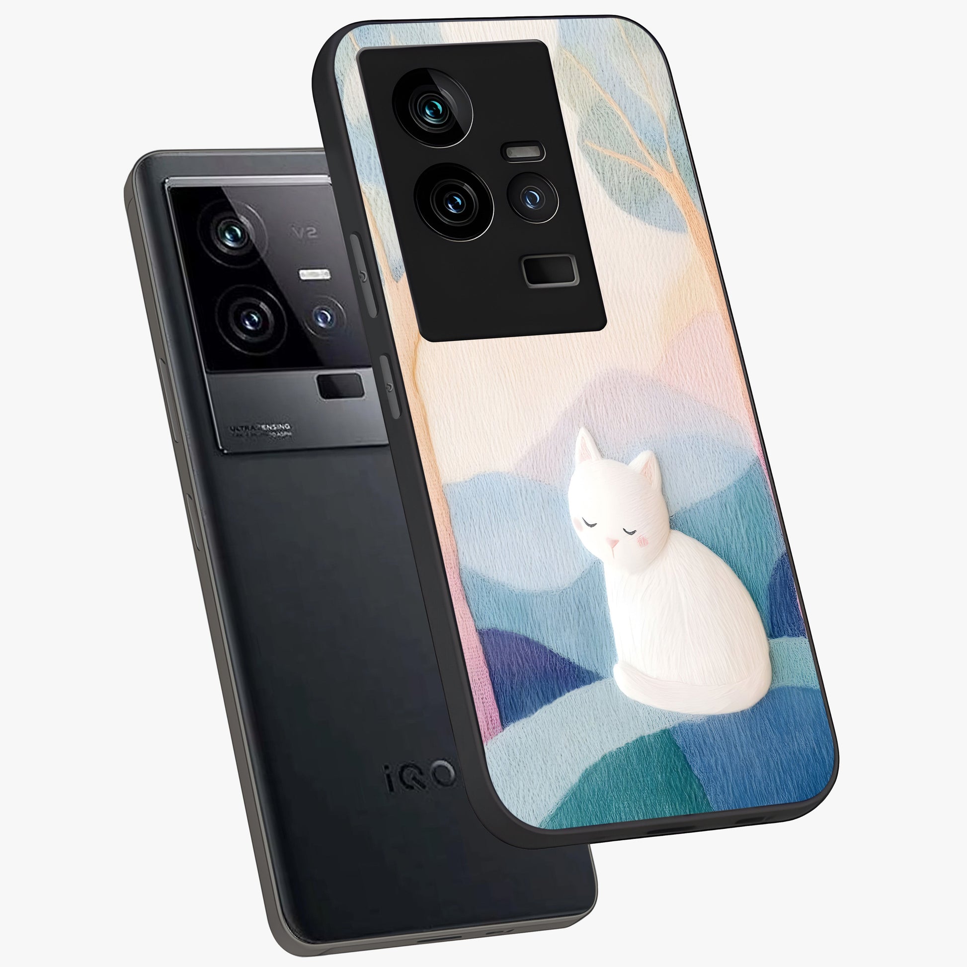 Cotton Dream Cat Glass Case displayed in angled mockup highlighting cute feline illustration with pastel aesthetic style.