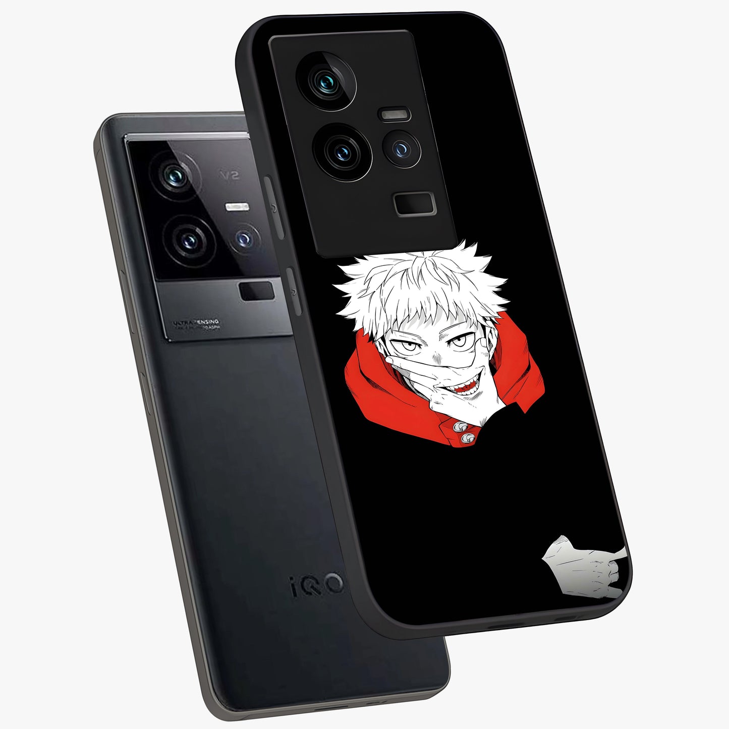 Crimson Chaos Smile Glass Case displayed in angled mockup highlighting edgy crimson smile design with graphic aesthetic.