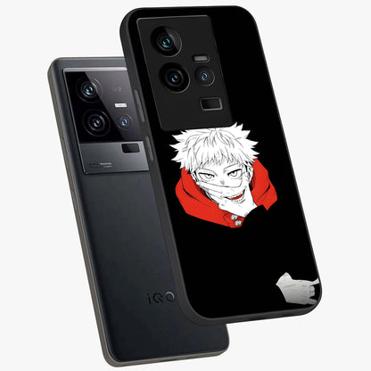 Crimson Chaos Smile Glass Case displayed in angled mockup highlighting edgy crimson smile design with graphic aesthetic.