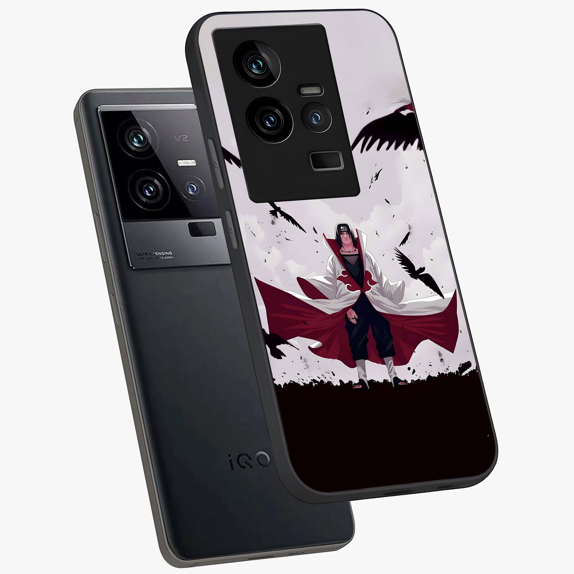 Crimson Crow Ascension Glass Case displayed in angled mockup highlighting powerful crow illustration with dark crimson aesthetic.