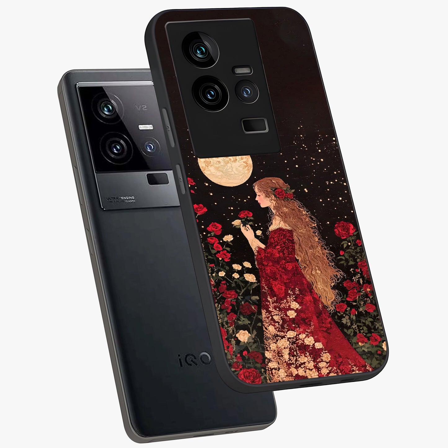 Crimson Dreams Glass Case displayed in angled mockup highlighting soft crimson aesthetic design with artistic theme.