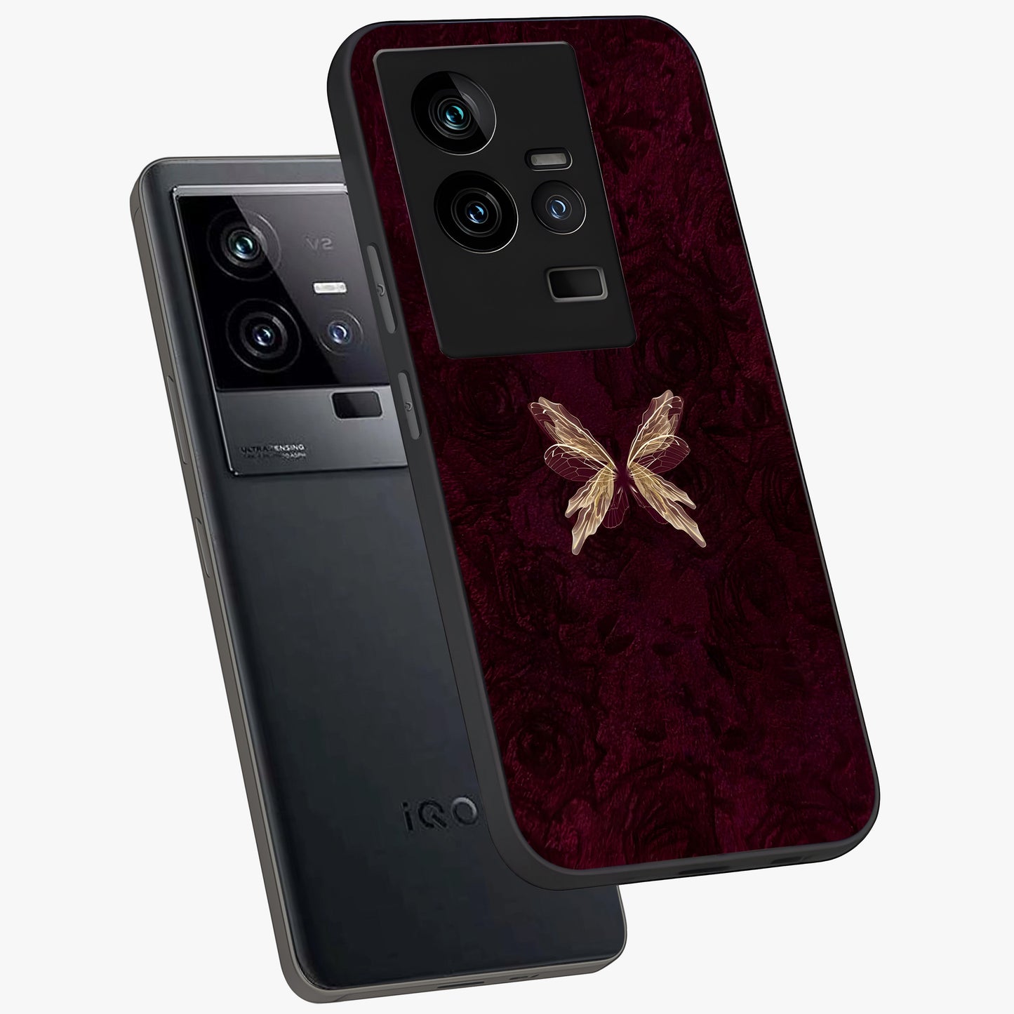 Crimson Fade Butterfly Glass Case displayed in angled mockup highlighting elegant butterfly design with crimson gradient aesthetic.