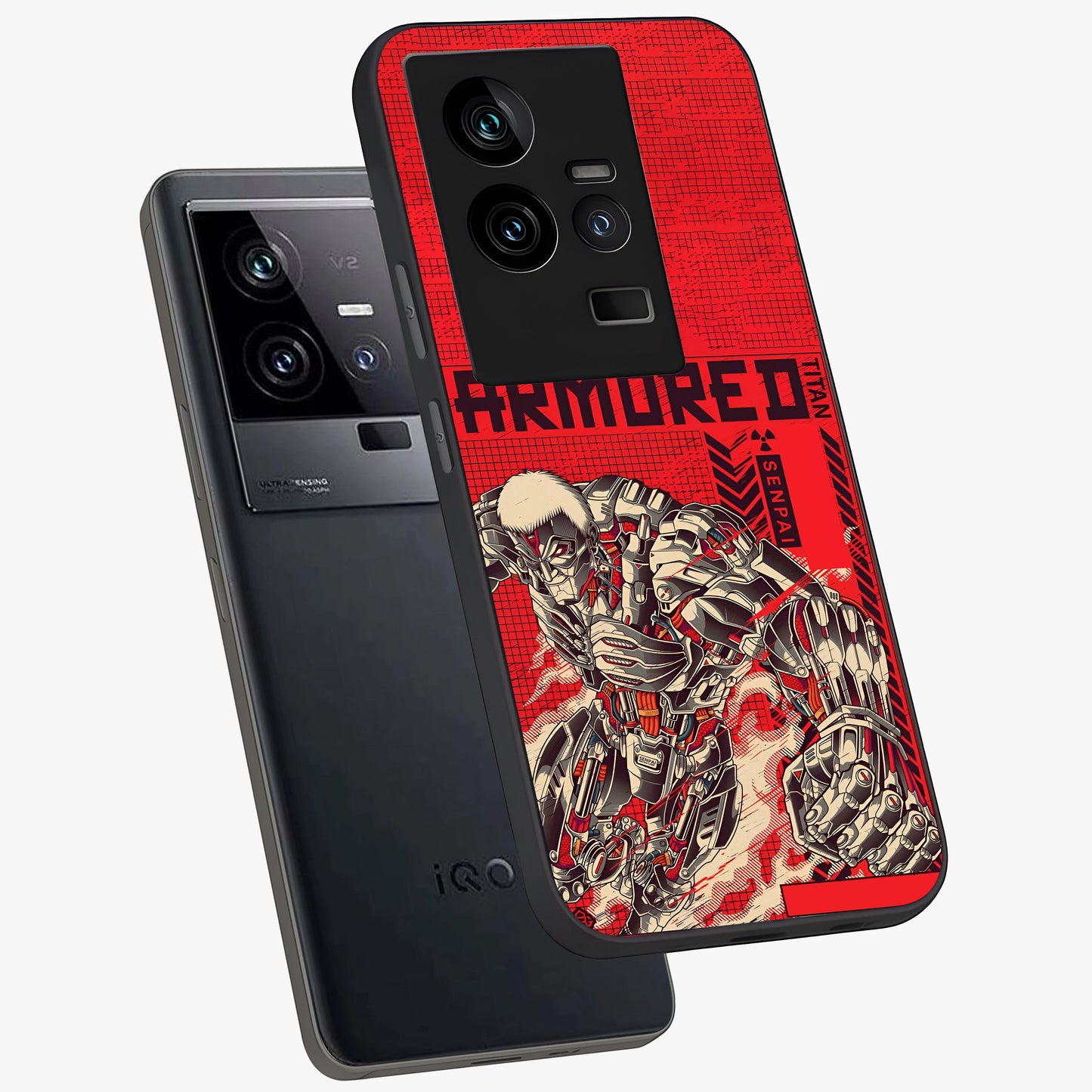 Crimson Mecha Titan Glass Case displayed in angled mockup highlighting futuristic mech illustration with bold crimson aesthetic.