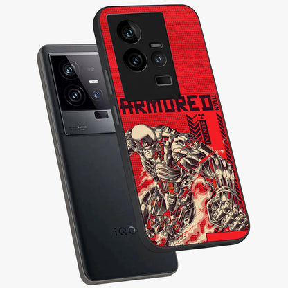 Crimson Mecha Titan Glass Case displayed in angled mockup highlighting futuristic mech illustration with bold crimson aesthetic.