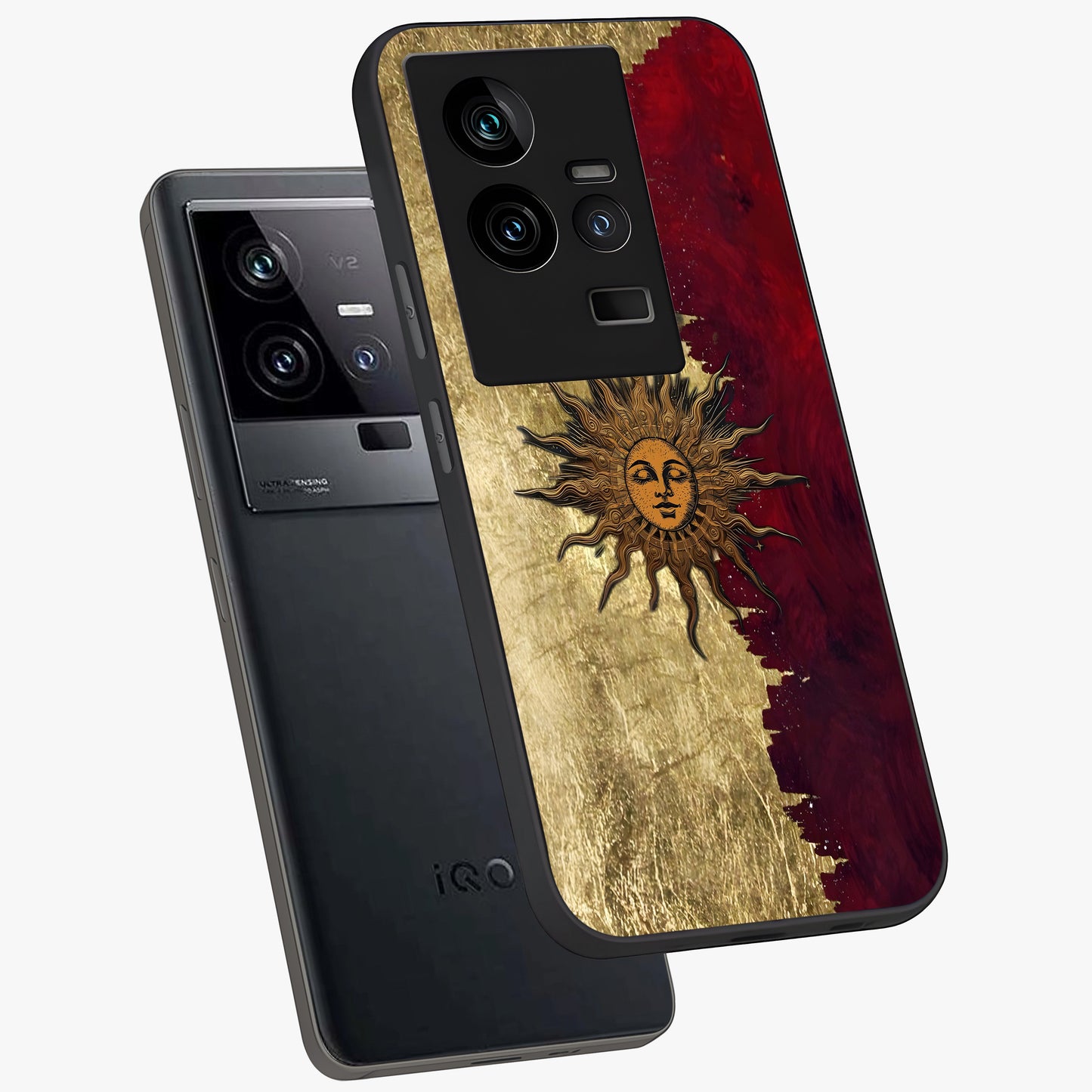Crimson Sun Majesty Glass Case displayed in angled mockup highlighting majestic crimson sun design with bold aesthetic style.