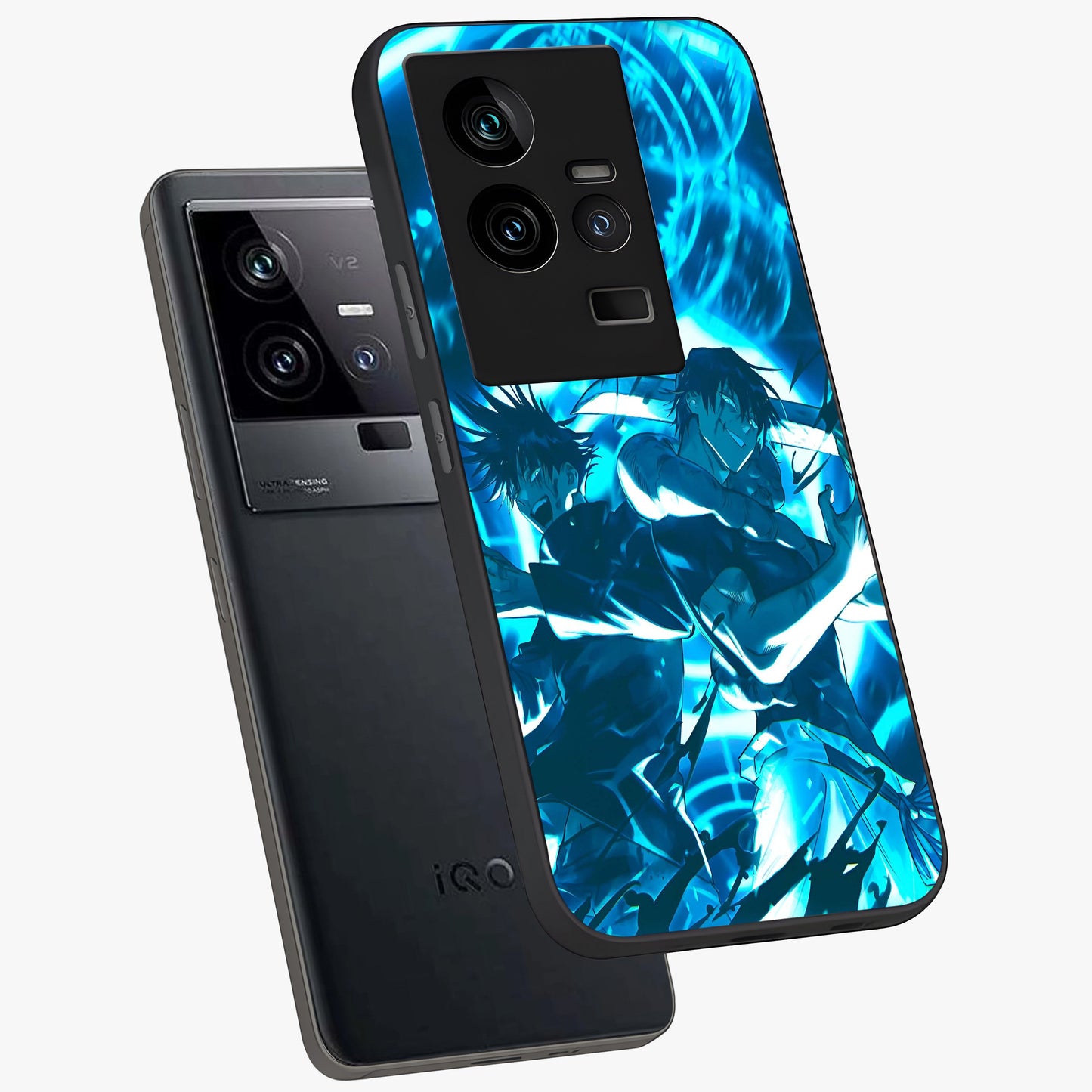 Cursed Energy Clash Glass Case displayed in angled mockup highlighting powerful battle inspired graphic with anime style aesthetic.