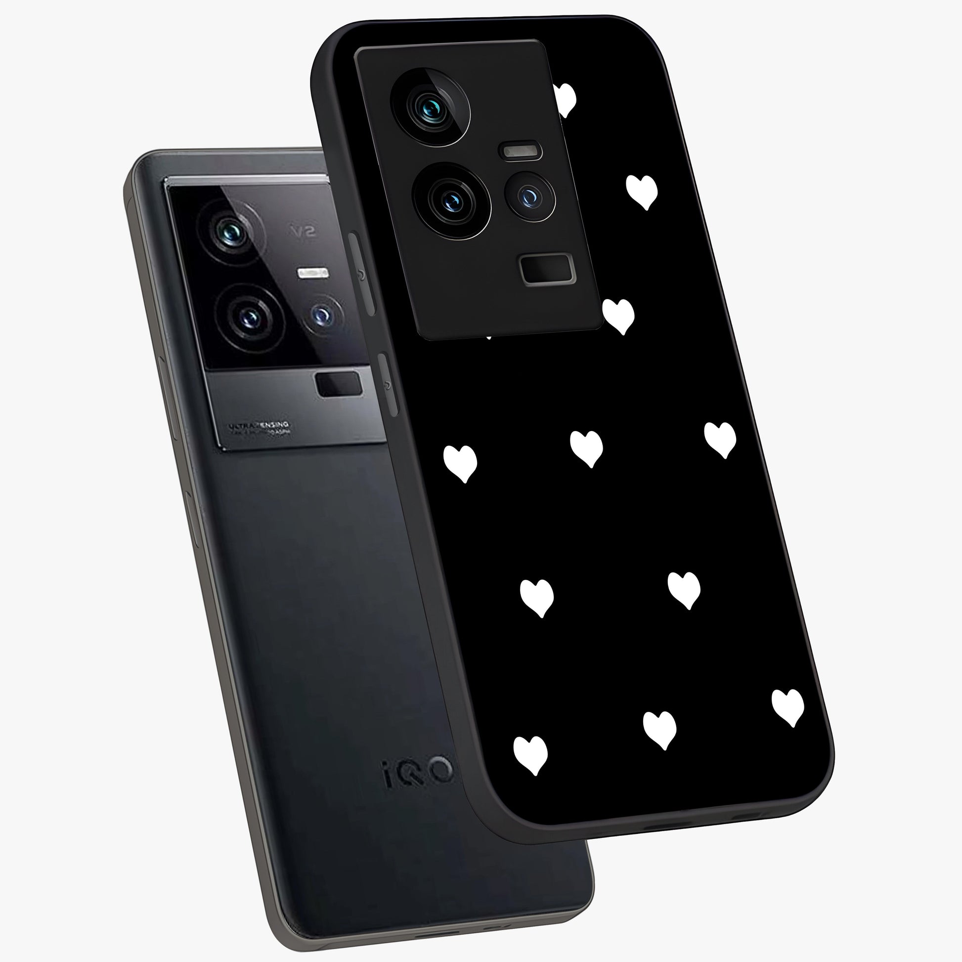 Cute And Simple White Hearts Glass Case displayed in angled mockup highlighting cute heart design with clean aesthetic style.