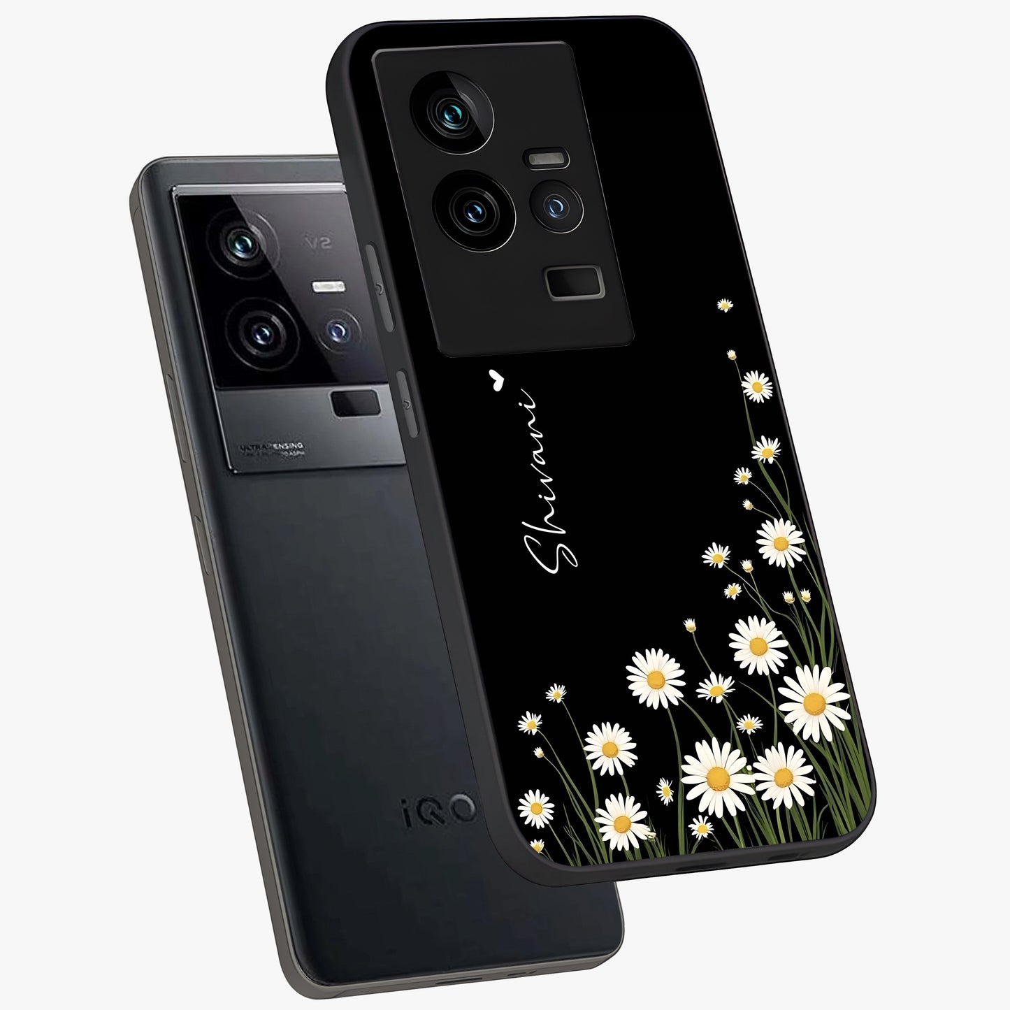 Daisy Cascade Custom Name Glass Case displayed in angled mockup highlighting delicate daisy artwork with custom name feature.