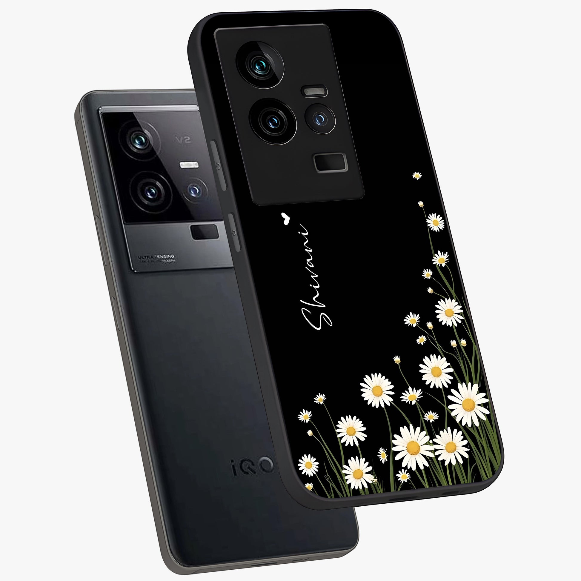 Daisy Cascade Custom Name Glass Case displayed in angled mockup highlighting delicate daisy artwork with custom name feature.