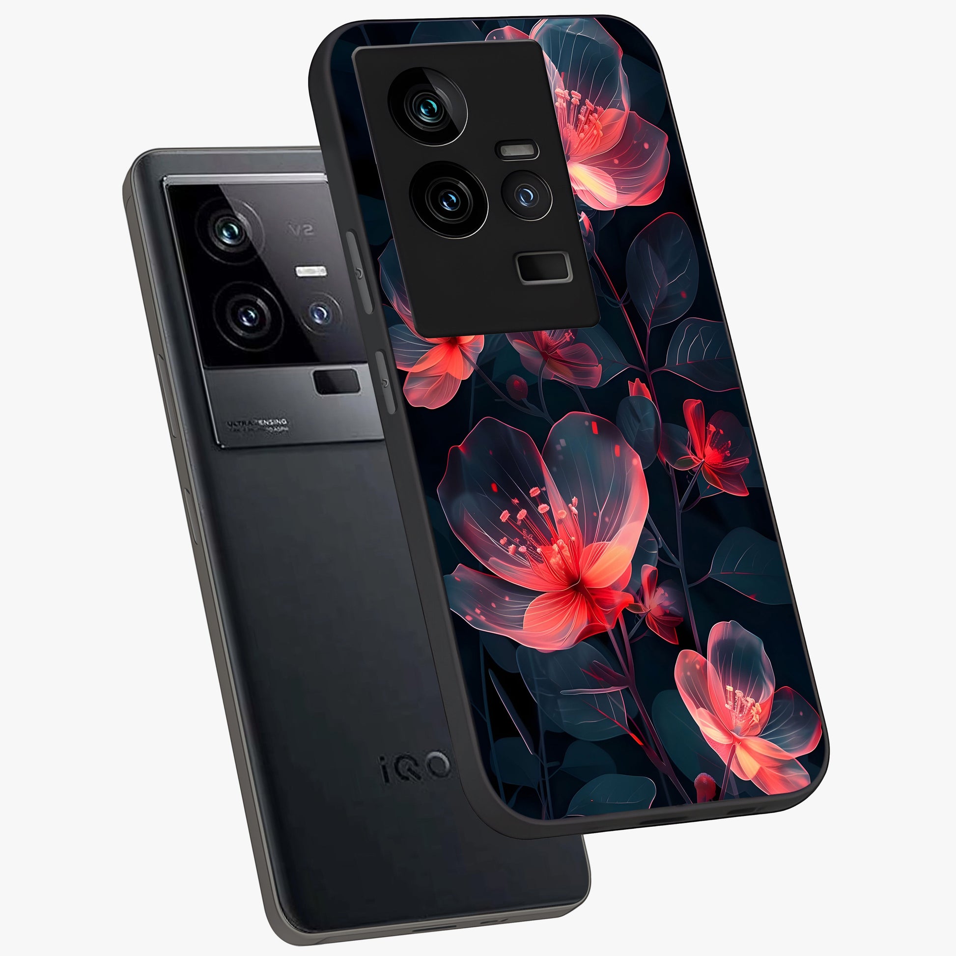 Dark Shade of Flower Glass Case displayed in angled mockup highlighting moody floral illustration with aesthetic dark tones.