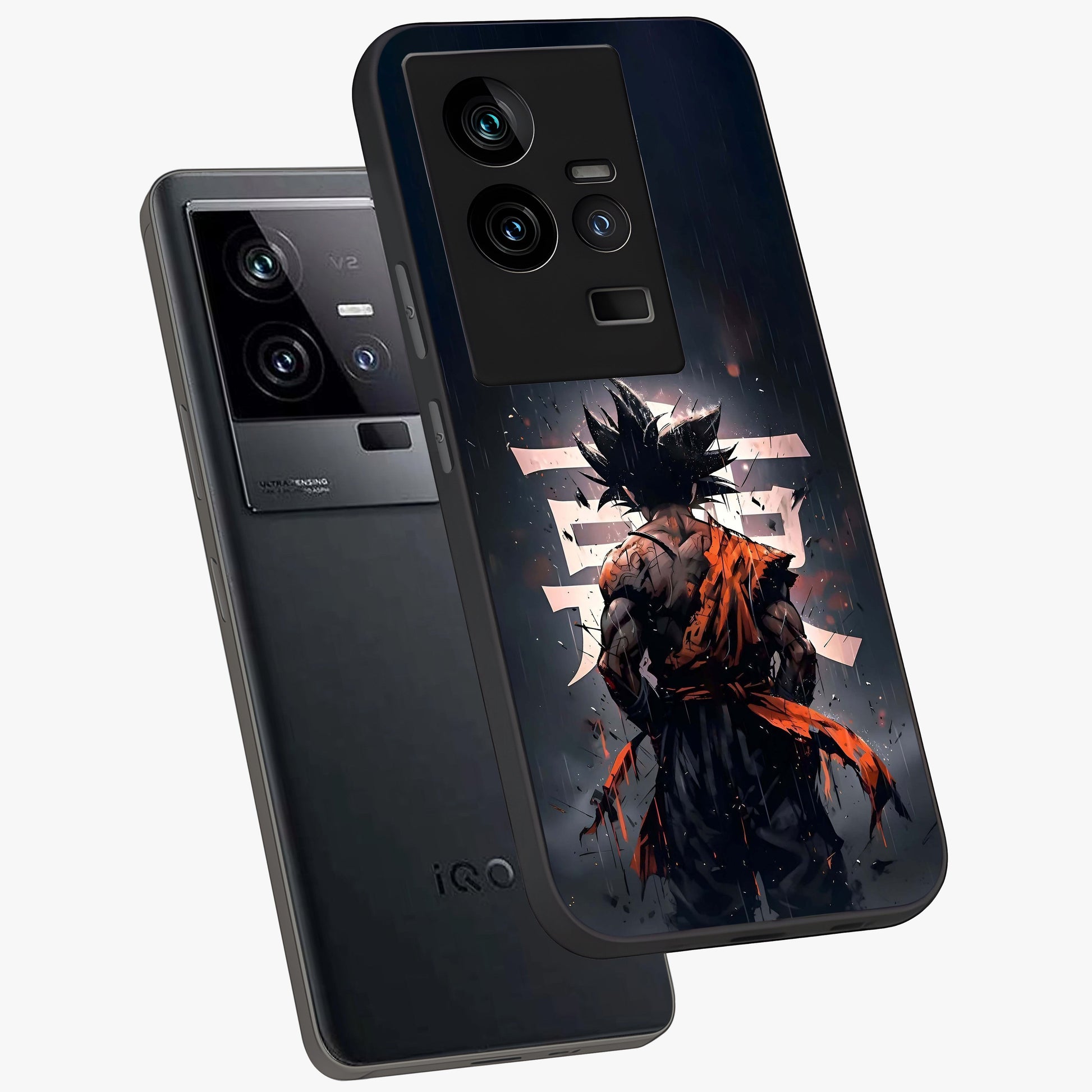 Dark Warrior In Rain Glass Case displayed in angled mockup highlighting dramatic warrior illustration with dark rain aesthetic.