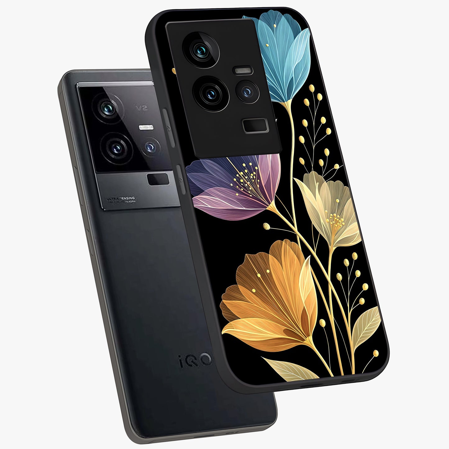 Delicate Multicolor Flowers Glass Case displayed in angled mockup highlighting colorful flower pattern with soft aesthetic style.