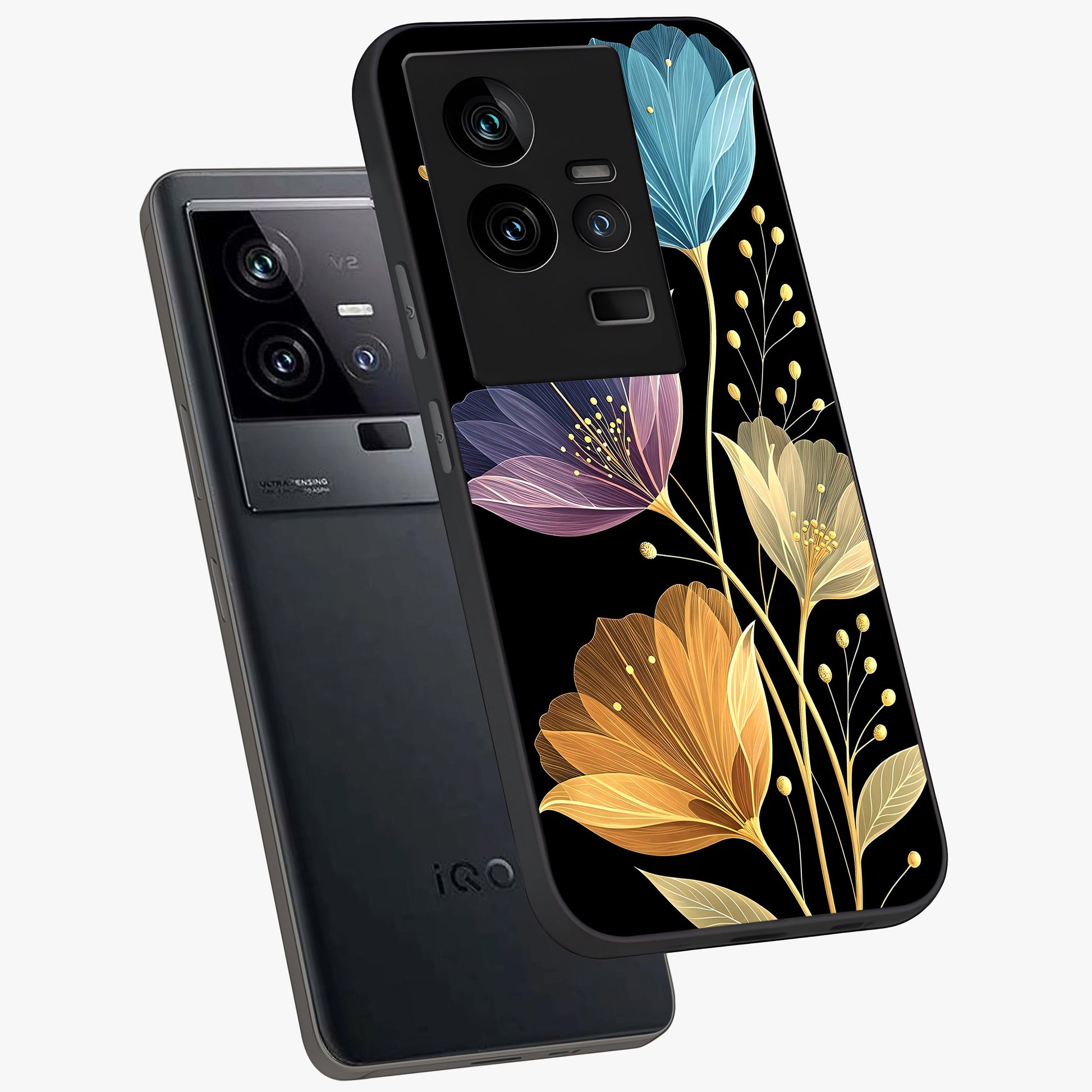 Delicate Multicolor Flowers Glass Case displayed in angled mockup highlighting colorful flower pattern with soft aesthetic style.