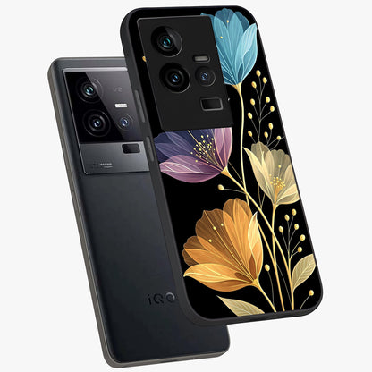 Delicate Multicolor Flowers Glass Case displayed in angled mockup highlighting colorful flower pattern with soft aesthetic style.
