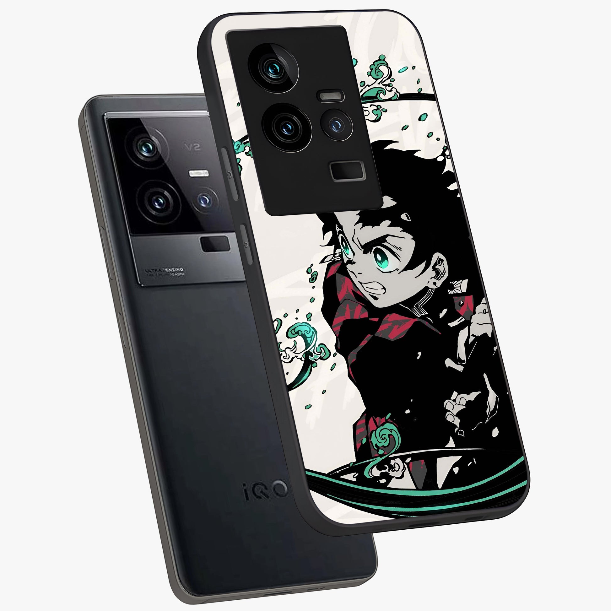 Demon Slayer Glass Case displayed in angled mockup highlighting dramatic anime character design with action aesthetic.