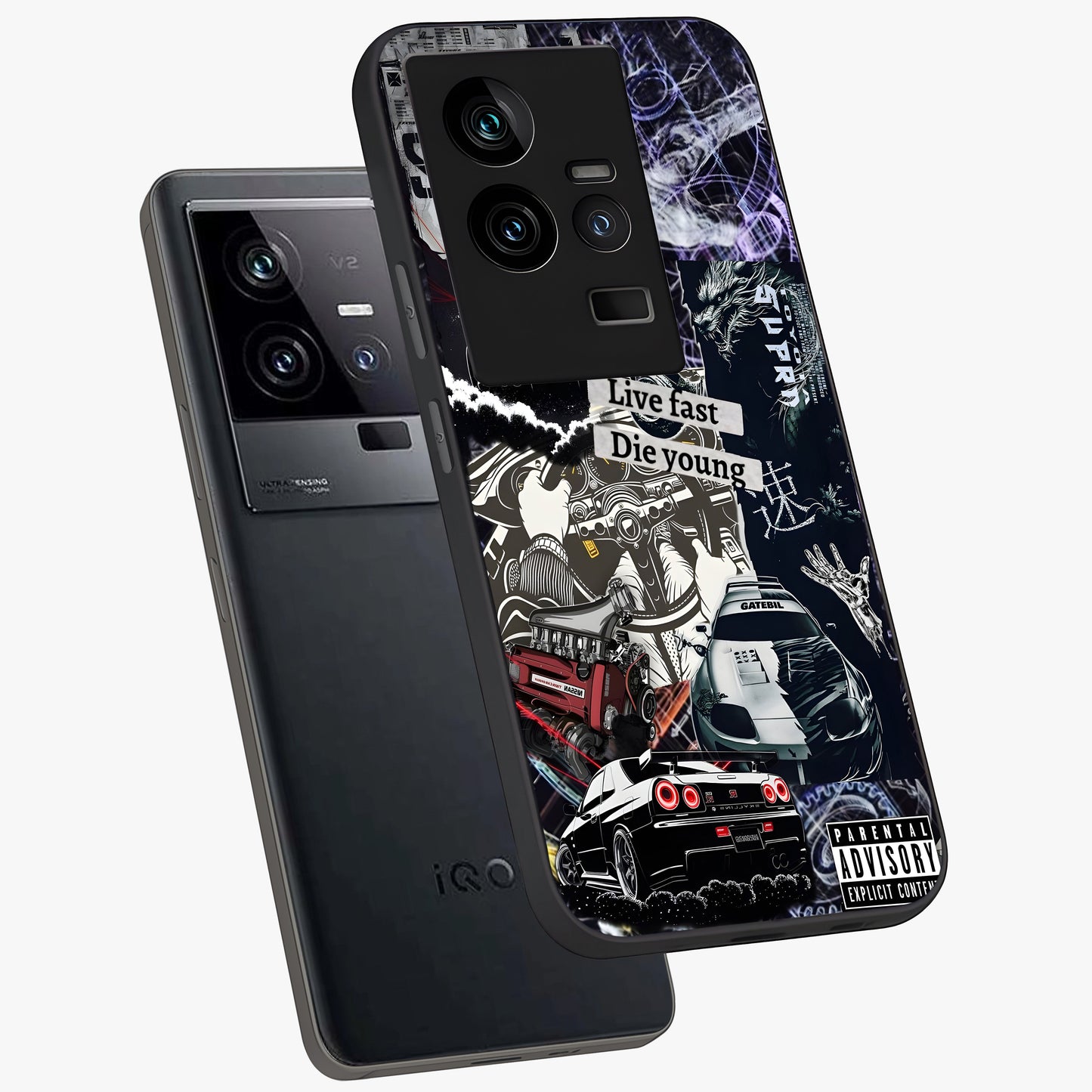 Die Young Glass Case displayed in angled mockup highlighting expressive graphic artwork with edgy aesthetic style.
