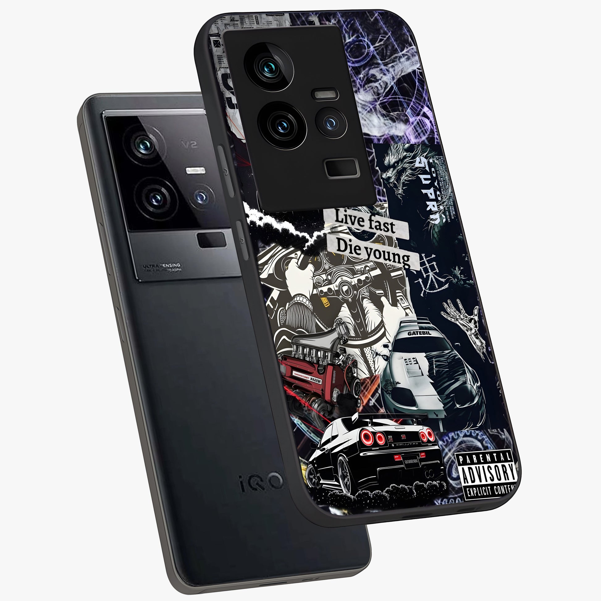 Die Young Glass Case displayed in angled mockup highlighting expressive graphic artwork with edgy aesthetic style.