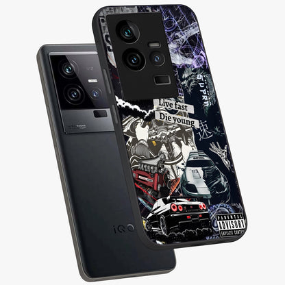 Die Young Glass Case displayed in angled mockup highlighting expressive graphic artwork with edgy aesthetic style.